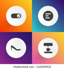 Modern, simple vector icon set on gradient backgrounds with application, women, elegance, kitchen, shoe, menu, user, beverage, style, machine, interface, website, high, drink, espresso, foot, ui icons