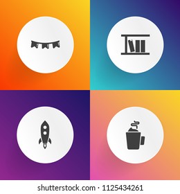 Modern, simple vector icon set on gradient backgrounds with festival, speed, rocket, bunting, flag, school, party, banner, restaurant, literature, science, cafe, spaceship, drink, future, launch icons