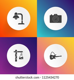 Modern, simple vector icon set on gradient backgrounds with black, photo, film, white, decor, musician, construction, technology, room, work, photographer, lamp, building, instrument, hammer icons