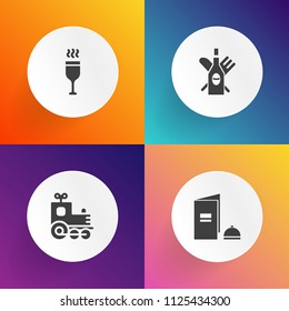 Modern, simple vector icon set on gradient backgrounds with train, paper, cartoon, railroad, bottle, restaurant, drink, glass, element, wineglass, merlot, white, brochure, celebration, book, toy icons