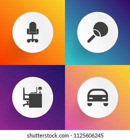 Modern, simple vector icon set on gradient backgrounds with office, work, leisure, note, racket, desk, keyboard, automotive, space, interior, ball, workplace, notebook, business, modern, chair icons
