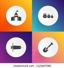 Modern, simple vector icon set on gradient backgrounds with screwdriver, tower, knight, memory, equipment, storage, element, roller, architecture, chip, wrench, construction, drill, castle, fort icons