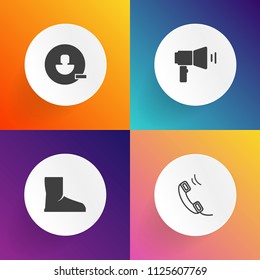 Modern, simple vector icon set on gradient backgrounds with boot, sign, equipment, people, button, phone, account, mobile, wear, profile, support, sound, telephone, technology, remove, internet icons