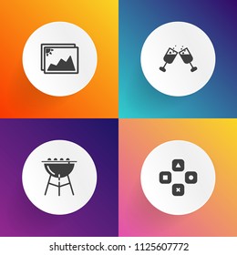 Modern, simple vector icon set on gradient backgrounds with album, picnic, summer, technology, frame, paper, old, game, video, pc, grilling, grilled, blank, computer, wine, wineglass, cook, fun icons