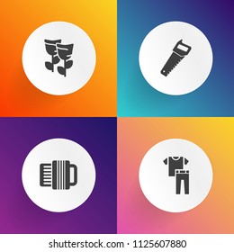 Modern, simple vector icon set on gradient backgrounds with musical, traditional, textile, floral, art, blossom, tool, wedding, nature, pants, sound, shirt, cloth, carpentry, cut, instrument icons