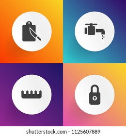 Modern, simple vector icon set on gradient backgrounds with comb, tap, cut, dinner, restaurant, safe, clean, sink, protection, equipment, healthy, chrome, female, sign, hairbrush, styling, water icons