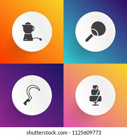 Modern, simple vector icon set on gradient backgrounds with ball, tea, game, cupcake, food, sickle, gardening, cake, farming, pot, breakfast, cup, farm, racket, hot, drink, chocolate, tennis icons