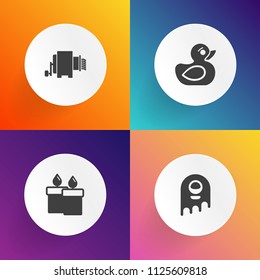 Modern, simple vector icon set on gradient backgrounds with flame, space, heat, restaurant, night, fantasy, alien, holiday, duck, pasta, bird, candle, duckling, futuristic, burn, animal, child icons