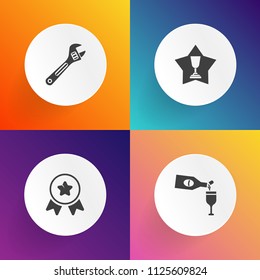 Modern, simple vector icon set on gradient backgrounds with liquid, ribbon, achievement, competition, alcohol, pour, restaurant, place, first, work, equipment, bottle, white, wine, glass, repair icons
