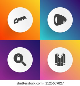 Modern, simple vector icon set on gradient backgrounds with female, happy, adult, clothing, lifestyle, wear, shopping, jacket, music, work, retail, acoustic, rock, outfit, string, searching, cut icons