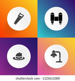 Modern, simple vector icon set on gradient backgrounds with science, technology, equipment, decor, space, lamp, shuttle, decoration, fashion, cap, electric, interior, wear, white, craft, saw icons
