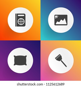 Modern, simple vector icon set on gradient backgrounds with image, white, visa, travel, pot, vacation, picture, feather, food, photo, soft, fabric, international, cooking, document, old, pillow icons