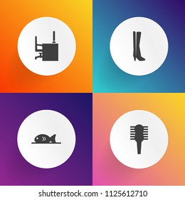 Modern, simple vector icon set on gradient backgrounds with cake, chicken, meat, seafood, business, beauty, care, note, pizza, top, soup, female, sport, footwear, styling, work, comb, workplace icons