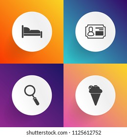 Modern, simple vector icon set on gradient backgrounds with bedroom, tasty, vanilla, look, identification, security, dessert, search, pass, lens, white, web, internet, name, room, man, business icons