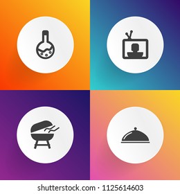 Modern, simple vector icon set on gradient backgrounds with dinner, barbecue, charcoal, menu, summer, cooking, grilled, kitchen, lunch, media, tooth, video, tv, cook, tool, meat, lab, equipment icons