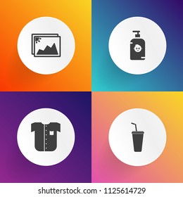Modern, simple vector icon set on gradient backgrounds with blank, kid, joy, beverage, shirt, male, collar, paper, glass, cotton, cocktail, cute, old, happy, white, childhood, fabric, juice, fun icons