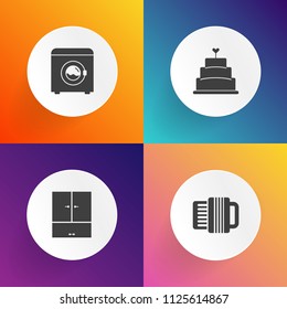 Modern, simple vector icon set on gradient backgrounds with sweet, food, detergent, sound, accordion, dessert, musical, cake, clothing, housework, laundry, sugar, sign, clean, acoustic, business icons