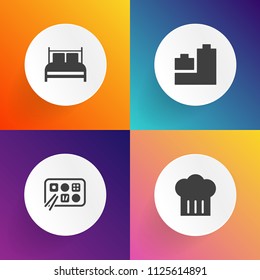 Modern, simple vector icon set on gradient backgrounds with play, sign, ball, cuisine, menu, bed, night, eat, background, chief, chinese, furniture, cap, pillow, meal, food, kitchen, mattress icons