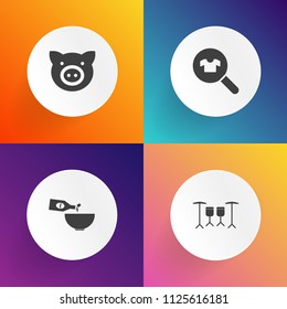 Modern, simple vector icon set on gradient backgrounds with agriculture, music, gourmet, cuisine, searching, beverage, drum, drink, musical, clothes, percussion, piggy, white, sound, rhythm, hog icons