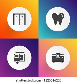 Modern, simple vector icon set on gradient backgrounds with dentist, frame, indoors, dental, modern, projector, sign, camper, white, camp, handle, cinema, media, trip, architecture, entrance icons
