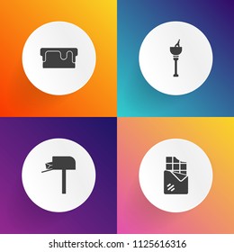 Modern, simple vector icon set on gradient backgrounds with bottle, food, dessert, post, pastry, mail, service, sugar, communication, bar, glass, chocolate, mailbox, celebrate, delivery, message icons