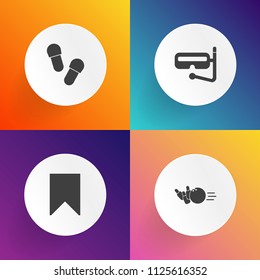Modern, simple vector icon set on gradient backgrounds with bowl, bookmark, travel, tag, object, competition, sea, recreation, snorkeling, graphic, equipment, summer, pair, footwear, flag, mask icons