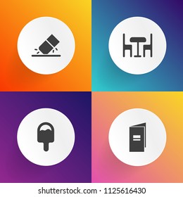 Modern, simple vector icon set on gradient backgrounds with object, open, web, cover, drawing, sweet, ice, equipment, chair, food, school, education, icecream, sign, table, brochure, eraser icons