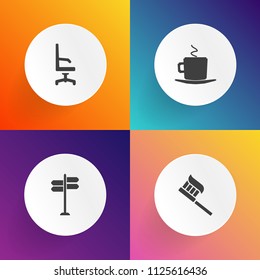 Modern, simple vector icon set on gradient backgrounds with armchair, tooth, health, clean, road, room, paste, direction, pointer, beverage, arrow, care, medical, sign, white, mouth, dental, way icons