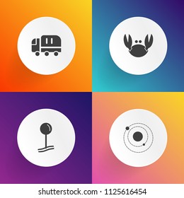 Modern, simple vector icon set on gradient backgrounds with earth, gourmet, drop, galaxy, astronomy, car, marker, universe, location, restaurant, shipping, shell, saturn, pointer, truck, vehicle icons