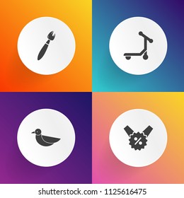 Modern, simple vector icon set on gradient backgrounds with badge, shop, speed, motorcycle, work, gift, label, sign, price, group, draw, retail, coupon, promotion, paintbrush, percent, bird, tag icons
