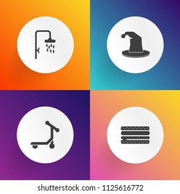 Modern, simple vector icon set on gradient backgrounds with tomato, delivery, art, entertainment, magic, bathroom, clean, food, vehicle, transportation, motorcycle, sandwich, scooter, fast, menu icons