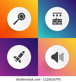 Modern, simple vector icon set on gradient backgrounds with technology, skillet, up, loud, restaurant, handle, volume, launch, cocktail, pan, player, rocket, sound, shuttle, travel, dinner, cook icons