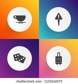 Modern, simple vector icon set on gradient backgrounds with two, caution, attention, business, cafe, baggage, mark, hazard, cup, airplane, suitcase, web, play, game, luck, coffee, terminal, win icons