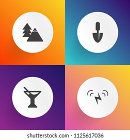 Modern, simple vector icon set on gradient backgrounds with equipment, coniferous, tree, alcohol, tropical, outdoor, wood, cold, plant, tool, juice, foliage, environment, forest, fresh, solar icons