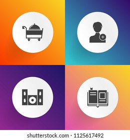 Modern, simple vector icon set on gradient backgrounds with dinner, social, learning, television, equipment, textbook, food, service, video, tv, add, fork, user, speaker, education, home, object icons