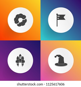 Modern, simple vector icon set on gradient backgrounds with bread, spaceship, ship, performance, muffin, banner, flag, exploration, cafe, doughnut, fun, magician, space, cake, food, launch, hat icons