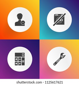 Modern, simple vector icon set on gradient backgrounds with repair, profile, business, tool, avatar, user, mathematics, display, pliers, remove, electronic, office, metal, care, construction icons