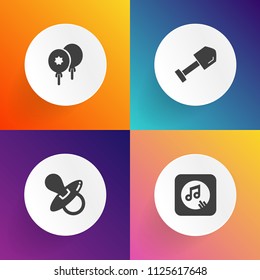 Modern, simple vector icon set on gradient backgrounds with sign, celebration, construction, drill, dummy, human, soft, note, birthday, music, equipment, rubber, happy, shovel, pacifier, bright icons