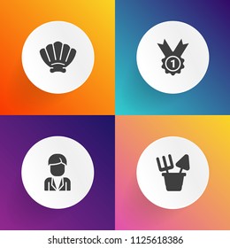 Modern, simple vector icon set on gradient backgrounds with young, dig, men, plastic, trophy, boy, marine, medal, casual, style, white, seashell, competition, achievement, yellow, guy, ocean icons
