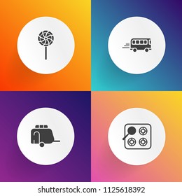 Modern, simple vector icon set on gradient backgrounds with fire, appliance, locomotive, sugar, candy, transportation, stick, white, hot, tram, food, street, motion, stove, lollipop, train, road icons