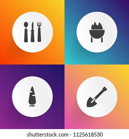 Modern, simple vector icon set on gradient backgrounds with dishware, white, vegetarian, meal, kitchen, healthy, drill, ripe, building, restaurant, equipment, fork, barbecue, screwdriver, hammer icons