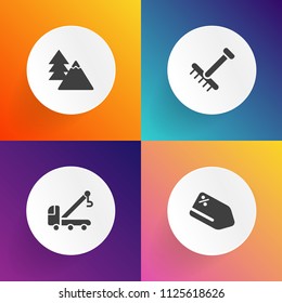 Modern, simple vector icon set on gradient backgrounds with tool, plant, help, wood, accident, raking, discount, green, transport, trunk, promotion, vehicle, emergency, gift, label, gardening icons