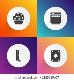 Modern, simple vector icon set on gradient backgrounds. Mushroom, oven, boot, and poker icons.