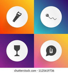 Modern, simple vector icon set on gradient backgrounds. Saw, kite, drink, and phone icons.