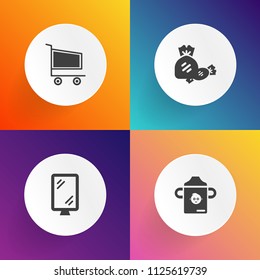 Modern, simple vector icon set on gradient backgrounds. Shopping cart, candy, billboard, and drink icons.
