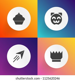 Modern, simple vector icon set on gradient backgrounds with muffin, toy, aircraft, king, kingdom, cookie, young, flight, happy, crown, pet, jewelry, bakery, collection, queen, doughnut, kitten icons