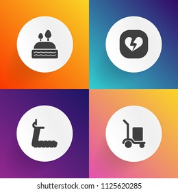 Modern, simple vector icon set on gradient backgrounds with container, fitness, equipment, healthy, business, cafe, distribution, sign, dessert, cookie, bakery, chocolate, training, exercise icons