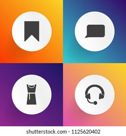 Modern, simple vector icon set on gradient backgrounds with website, star, fashion, clothing, volume, book, girl, dj, speaker, stereo, communication, audio, sign, bubble, technology, talk, shape icons