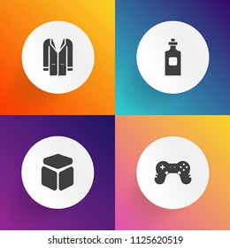 Modern, simple vector icon set on gradient backgrounds with shape, silhouette, joystick, controller, console, model, water, clothing, container, drink, white, gaming, coat, liquid, sign, woman icons