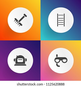 Modern, simple vector icon set on gradient backgrounds with scuba, autumn, work, dive, travel, up, helmet, sign, tool, spaceman, step, leaf, yard, season, cosmos, pilot, science, raking, graphic icons